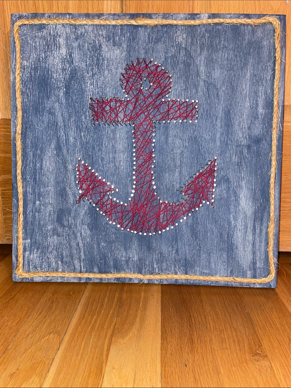 Nautical String Art Anchor Wall Hanging-Blue Background & Red Anchor - 16x16”